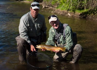 Graham with Collin McKeown from The New Fly Fisher Show filming big wild brown trout.