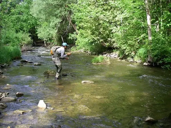 An angler fishing a 10 foot nymphing rod on a small river