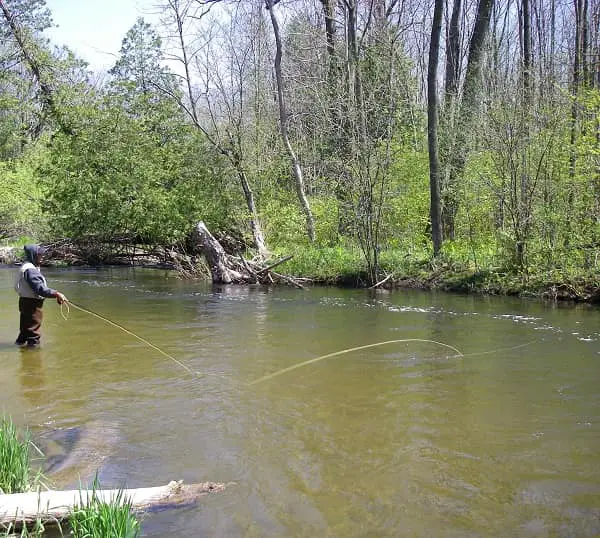 An angler using a typical flip mend used when indicator fishing.