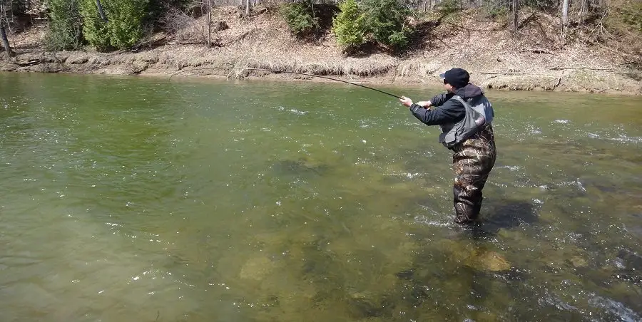 An angler fighting a great lakes steelhead