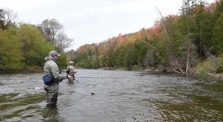 An angler using the right pound test leader for steelhead on a fast rivers