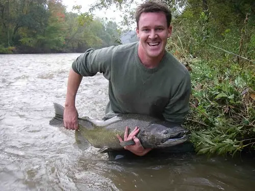 A big salmon caught float fishing on a big fast river