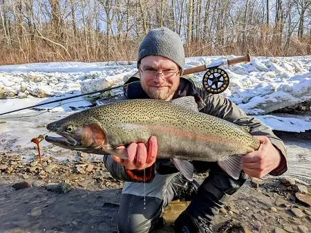 Gareth Thomas with a steelhead caught while Winter Spey fishing