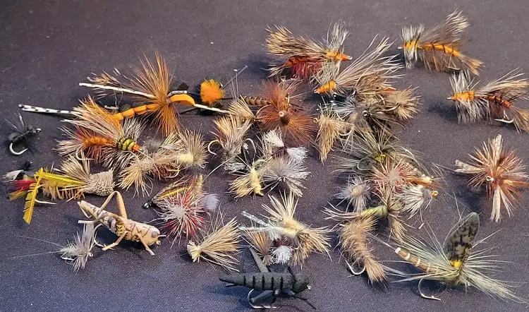 An assortment of good dry flies for fly fishing for trout.
