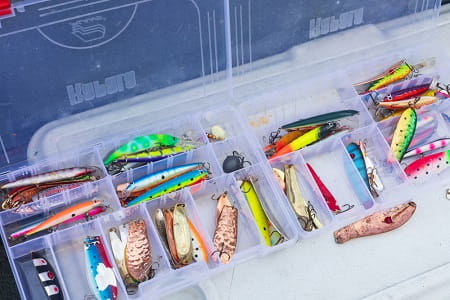 A box of lures for great lakes brown trout