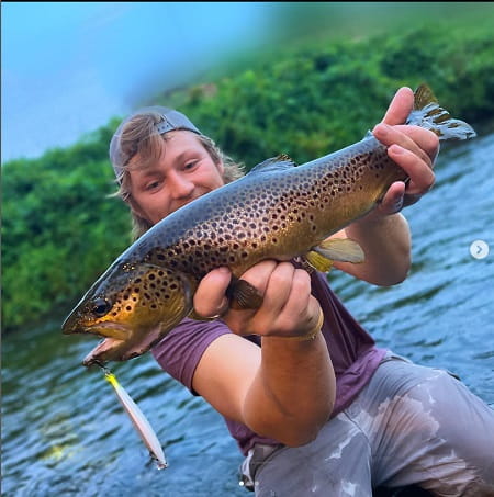 A big brown trout with a lure in its mouth was caught while Lure fishing for trout in a river.