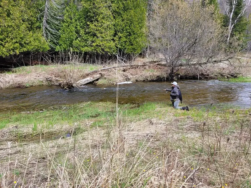 my fishing buddy staying low and stealthy while fishing spring trout.