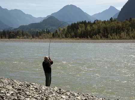 An angler fishing for salmon on a very large river.