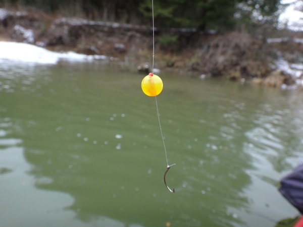 When salmon fishing with beads, I place my bead about 1.5 inches above the hook.