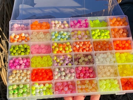 My colorful bead box full of beads I use for salmon