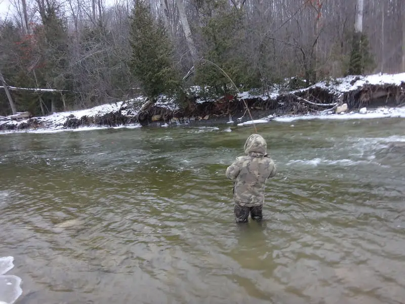one of my clients fighting one of many large steelhead from this spot.