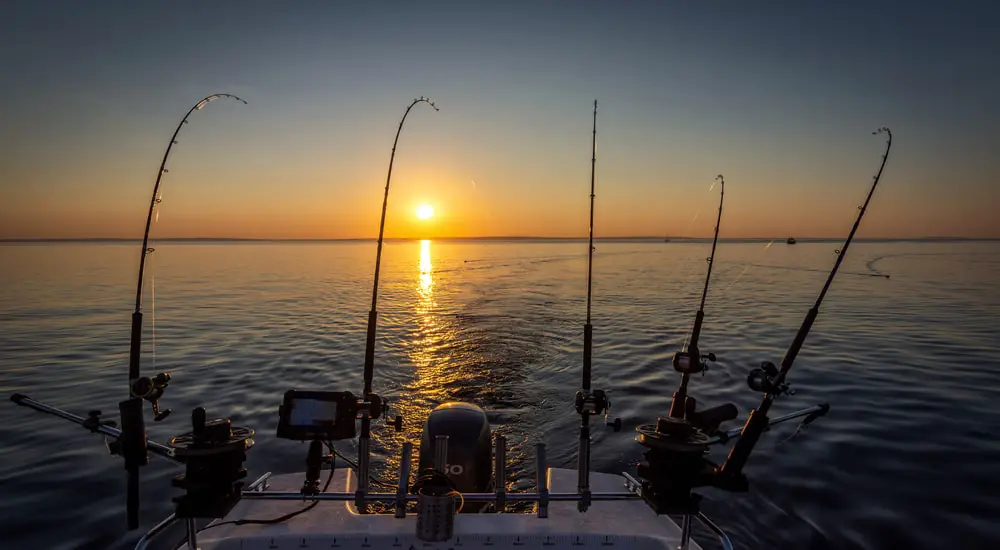 A spread of rods out the back of the boat using the best trolling lures for great lakes salmon.