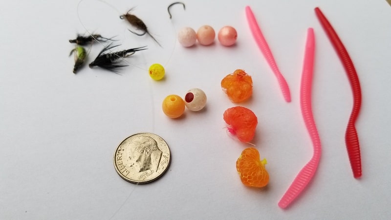 An assortment of baits for salmon including plastic worms