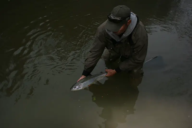 Guide Graham with a nice steelhead caught while steelhead fishing at night.