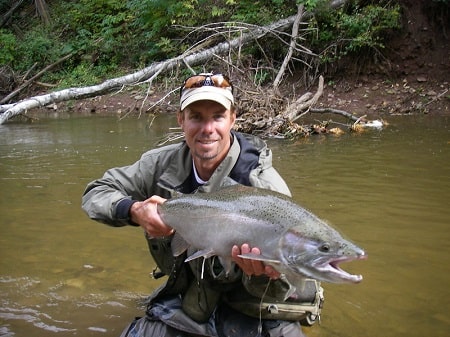 Steelhead fishing with marshmallows can produce big early fall steelhead like this one.