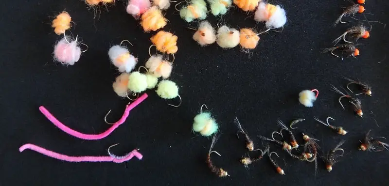 An assortment of salmon egg patterns, nymphs, and worm patterns that work well salmon and steelhead.