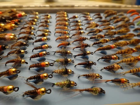 my nymph fishing fly box is full of beadhead nymphs