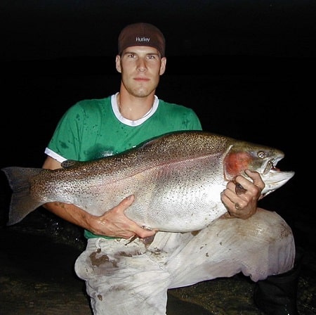 Huge 43 pound nighttime rainbow trout caught by Adam Konrad, 26, of Saskatoon