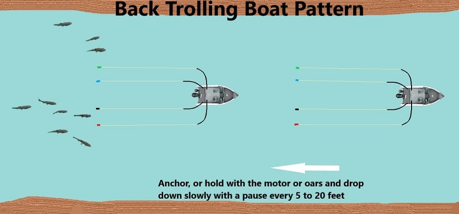 A diagram for the drop straight drop down boat pattern use when back trolling for salmon.