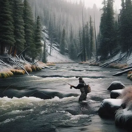 An angler standing in using the chuck and duck fishing method.