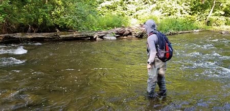An angler fishing correctly and controlling his nymphing speed.