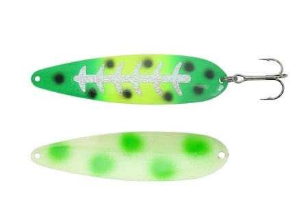 This is the Moonshine Lures glow frog color which is one of the best trolling spoons for salmon fishing.