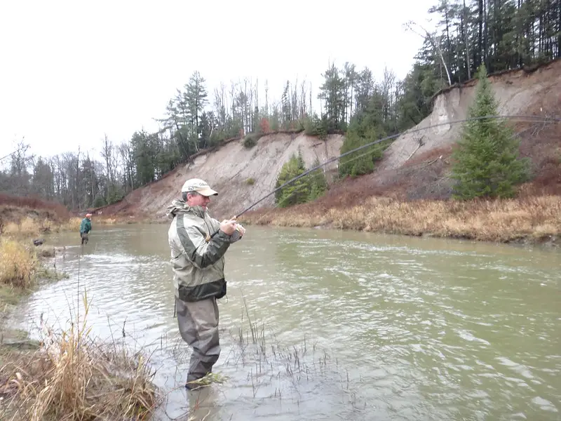 One of my clients fighting a steelhead with a Centerpin reel put on the rod in the right spot.