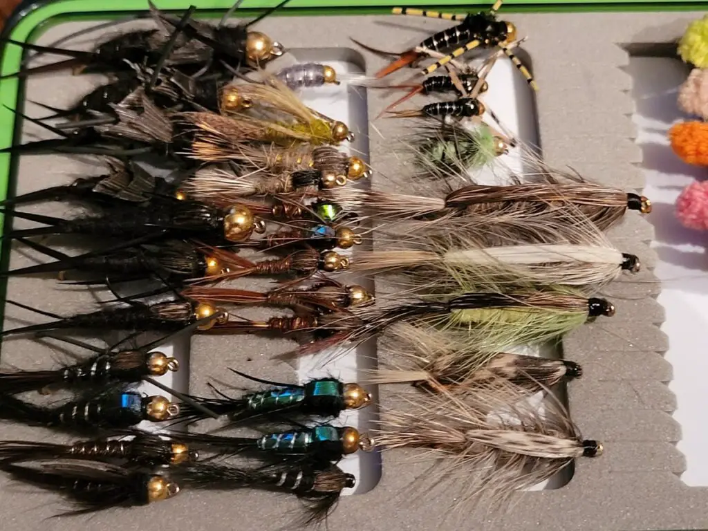A fly box showing some of the best nymphs for steelhead fishing.