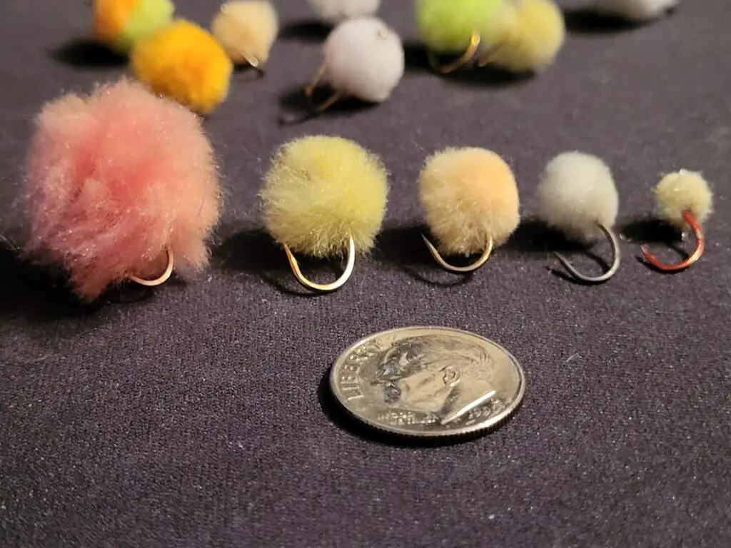 The simple steelhead egg pattern in 5 different sizes and colors.
