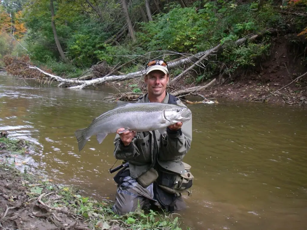 The Author with a big Ontario steelhead caught in early September on a small lake Ontario stream.