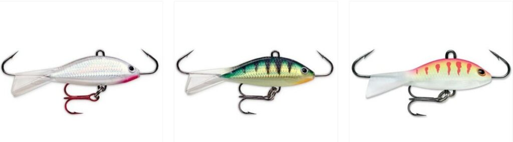 These are the Rapala Jigging Shad Rap which is the most popular ice fishing lure. Shown in colors Pearl, Perch, and Pink tiger.
