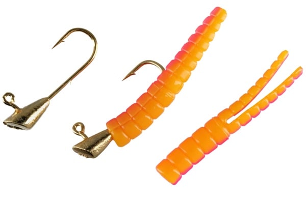 This is Leland's Lures Trout Magnet, showing two versions of the tail and the gold jig head.