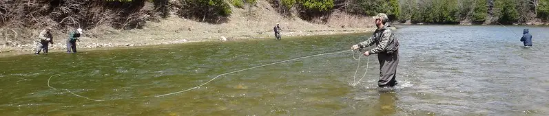 An angler steelhead fishing using an advanced mending and casting method to get the fly very deep.